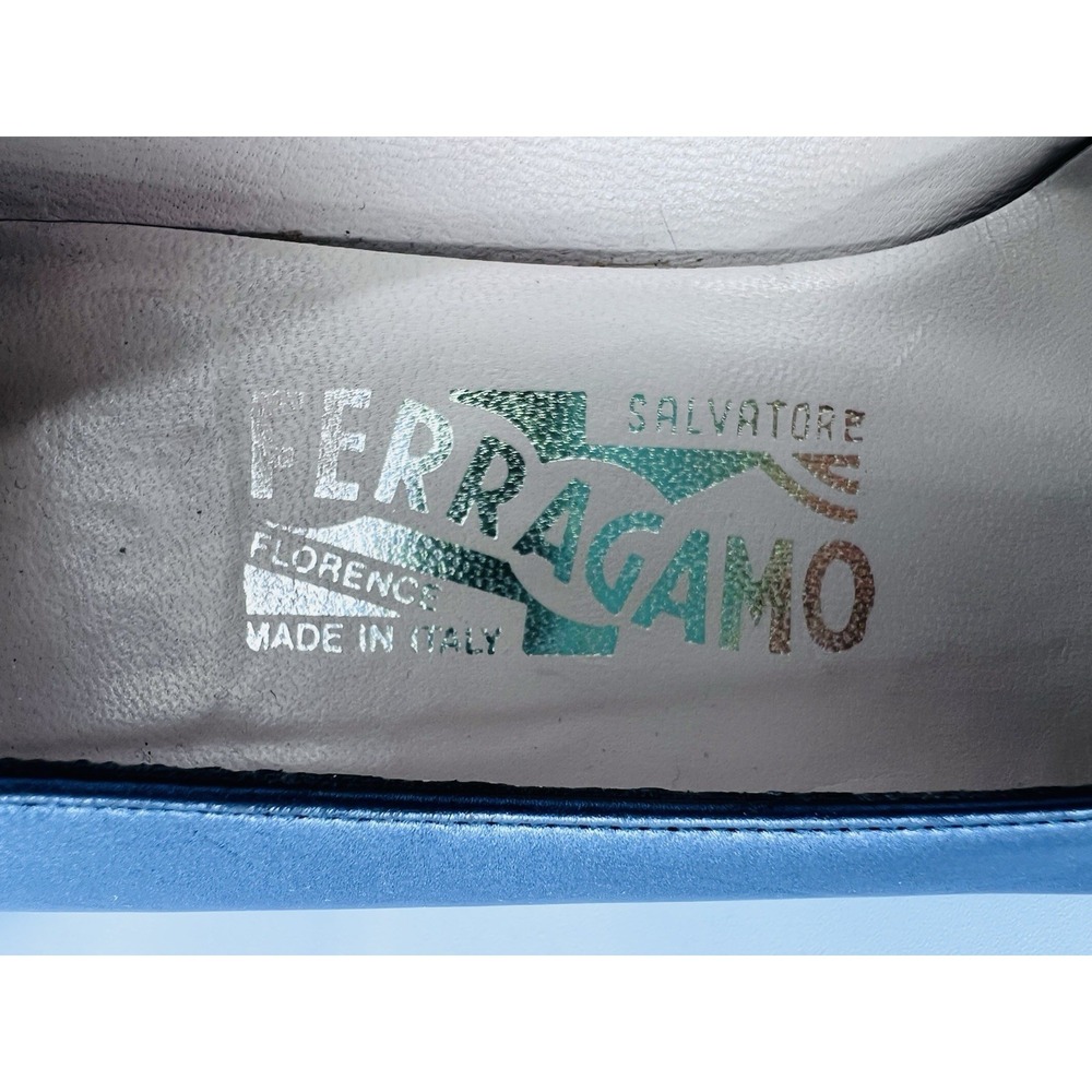 Salvatore Ferragamo Slate Gray Pearl Leather with Chrome Gancini Logo Heel 6.5B - Picture 12 of 12